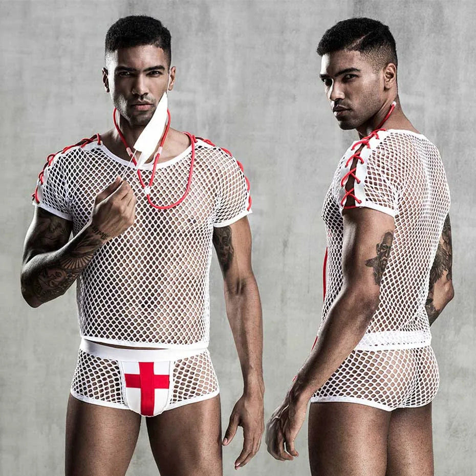 Men Alluring Doctor Uniform Mesh Lingerie Set Role Play