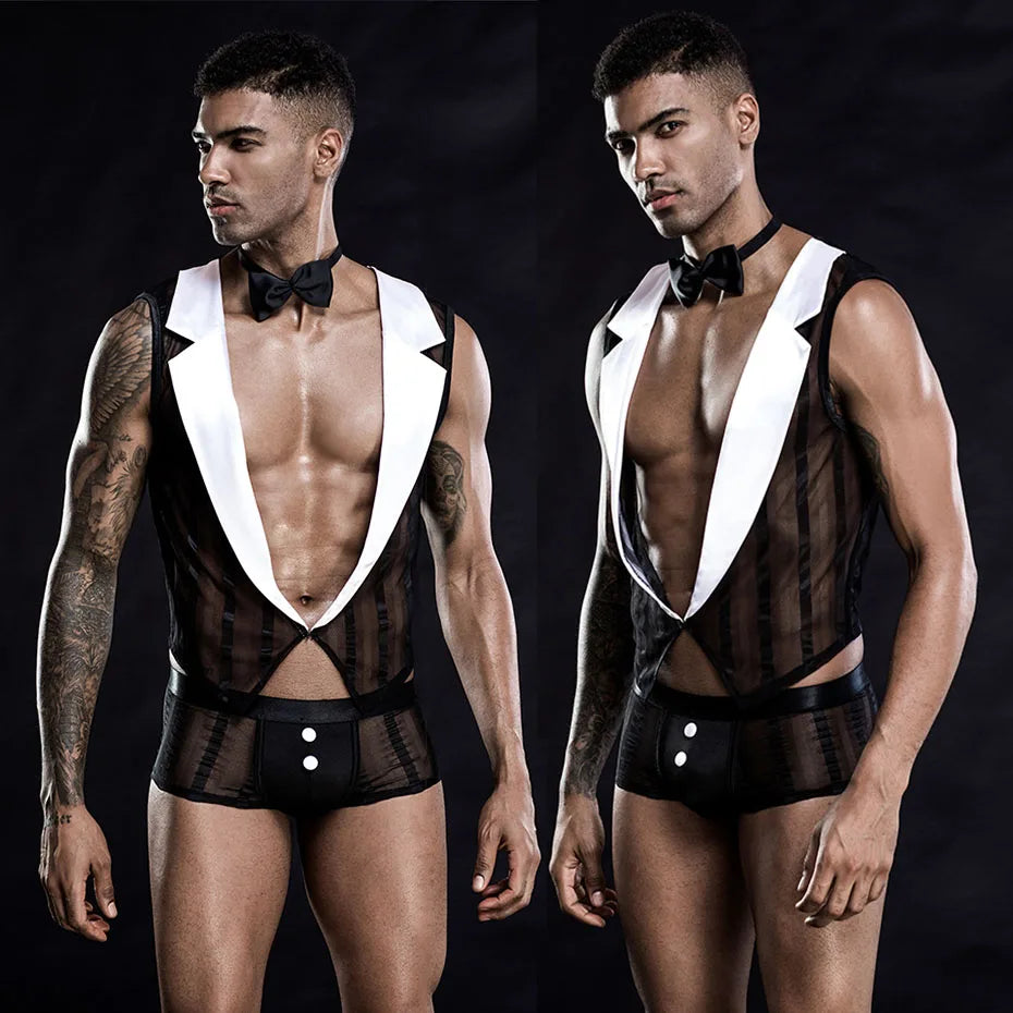 Alluring Waiter Uniform Cosplay Lingerie Set Black Mesh Men