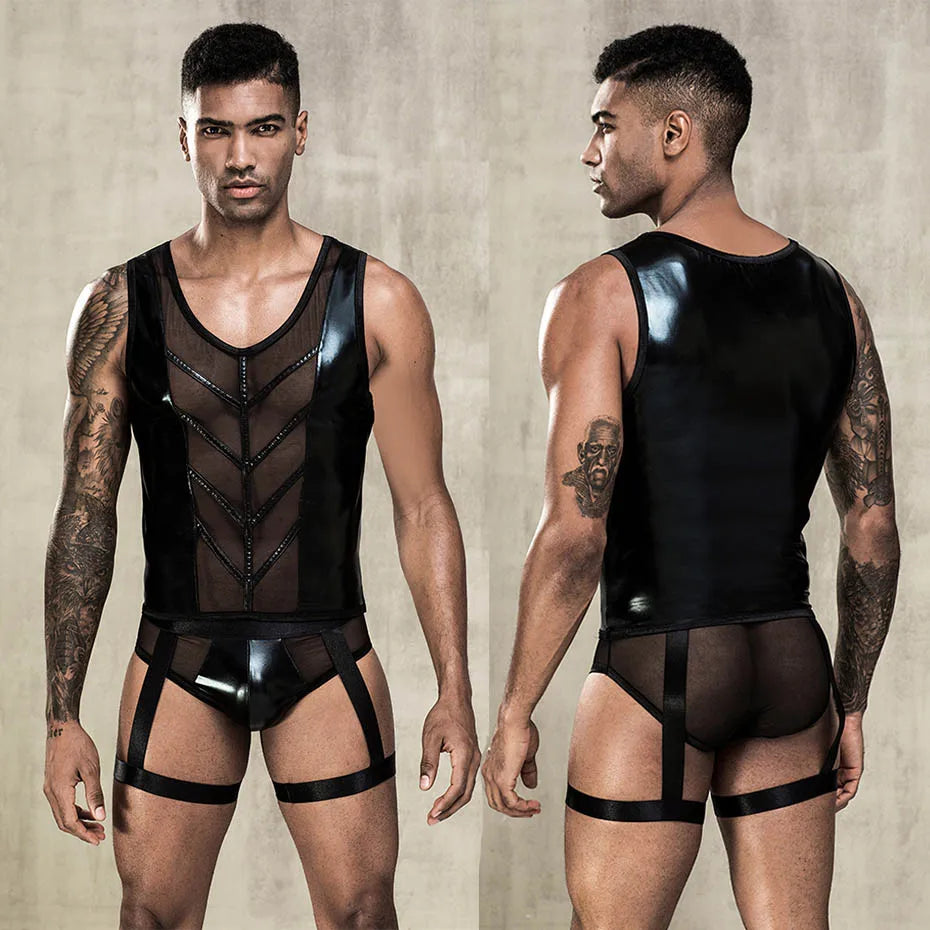 Alluring Waiter Uniform Cosplay Lingerie Set Black Leather