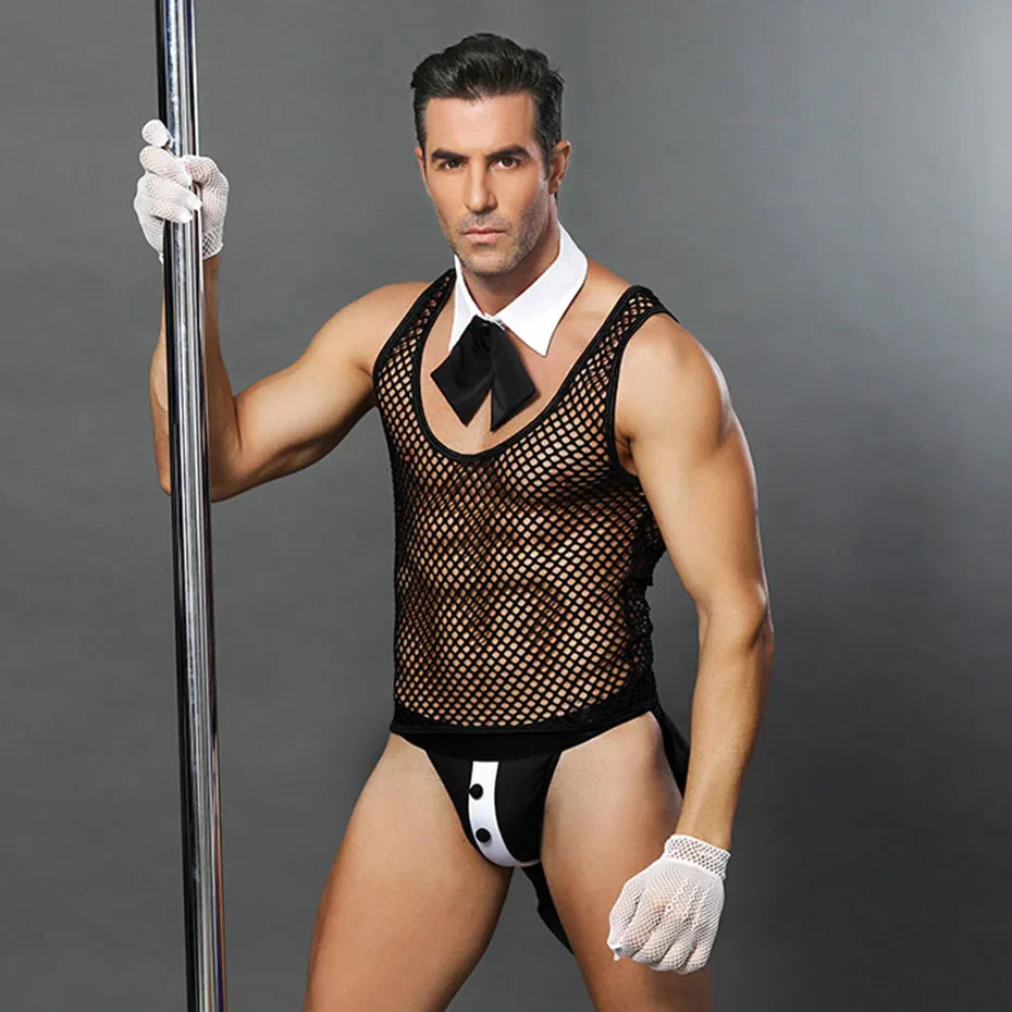 Alluring Waiter Uniform Cosplay Lingerie Set Black Mesh Men