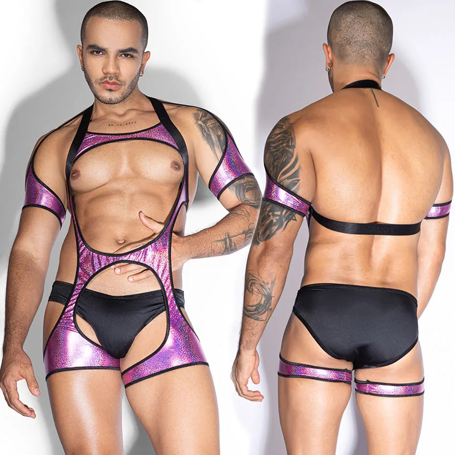 Men Leather Bodysuit & Pants Set Alluring Lingerie