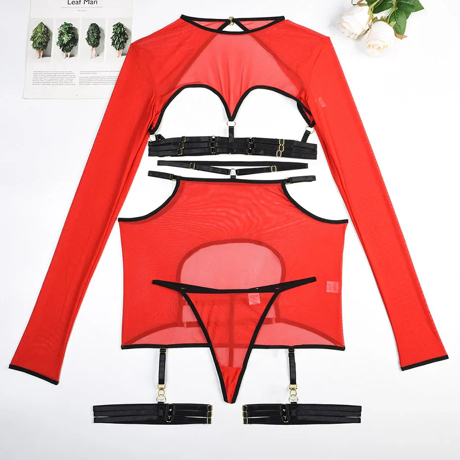 Women Red Thermal Underwear Set Backless Bondage Top & Skirt