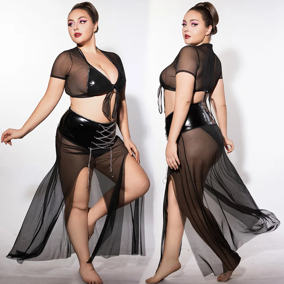 Alluring Plus Size Leather Halter Bra & Skirt Set Black