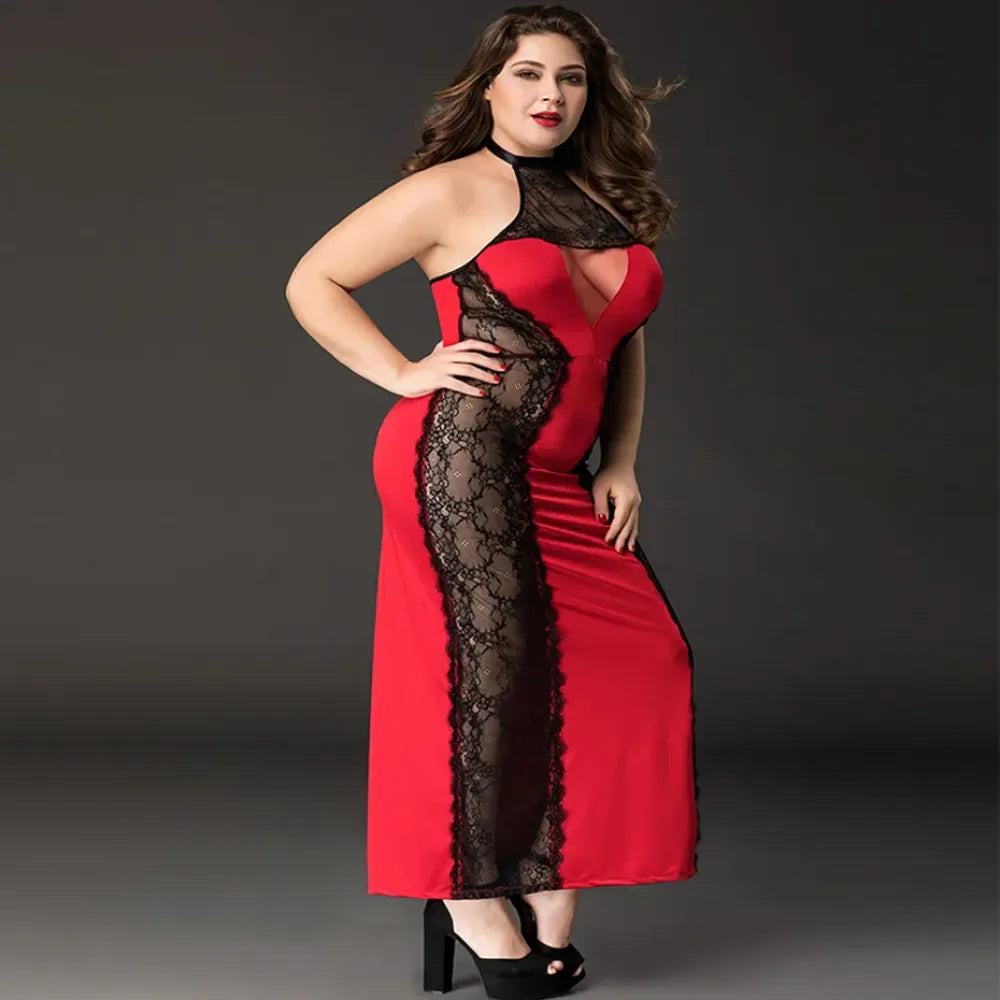 Alluring Lace Babydoll Nightgown Set Plus Size Red Lingerie