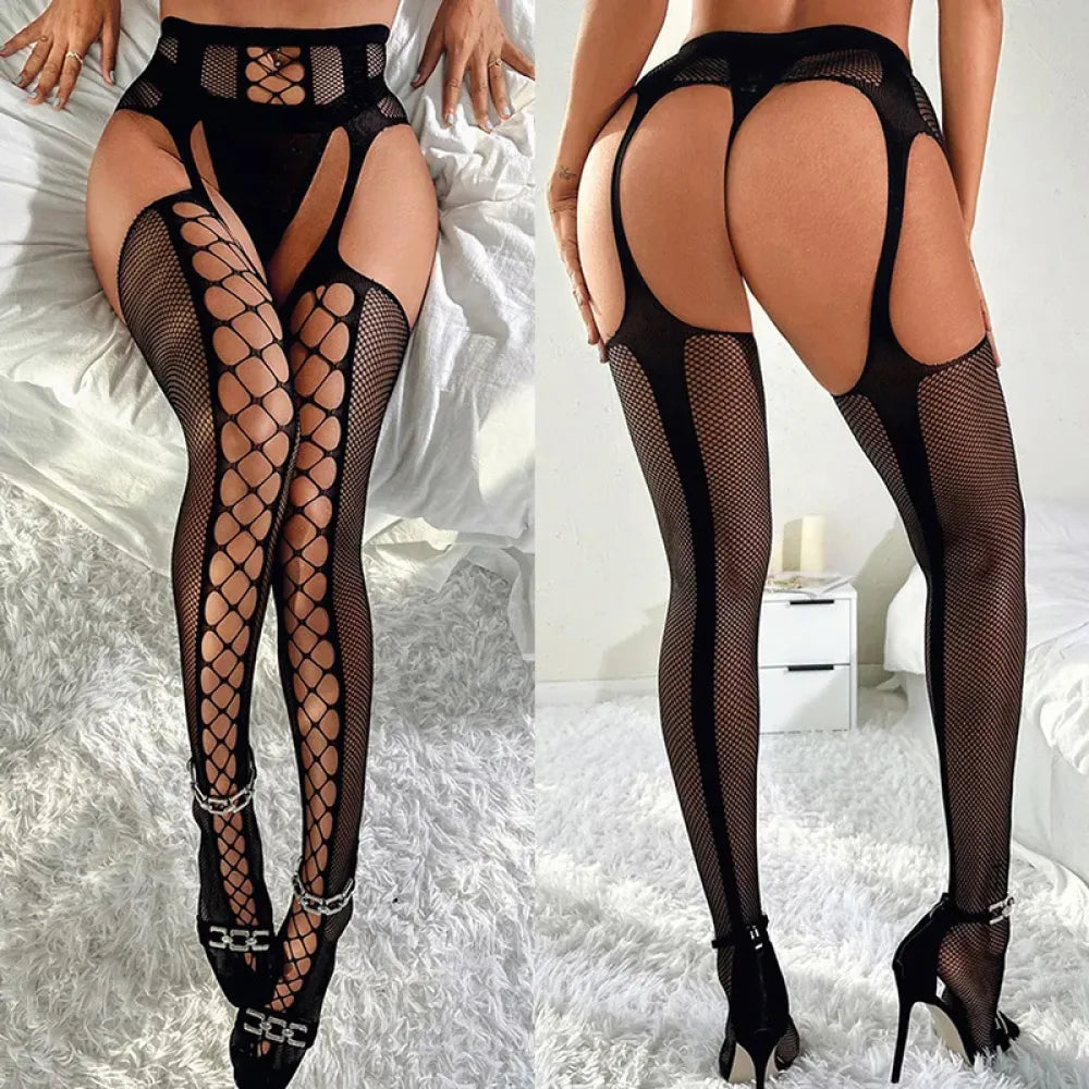 Crotchless Stockings Belt Set Fishnet Tights