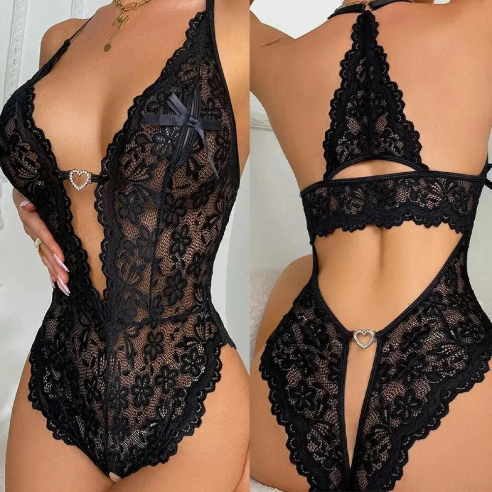 Lace Crotchless Bodysuit Deep V Neck