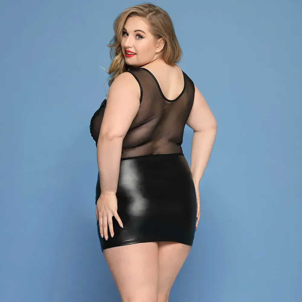 Plus Size Faux Leather Lingerie Dress Embroidered Sleepwear